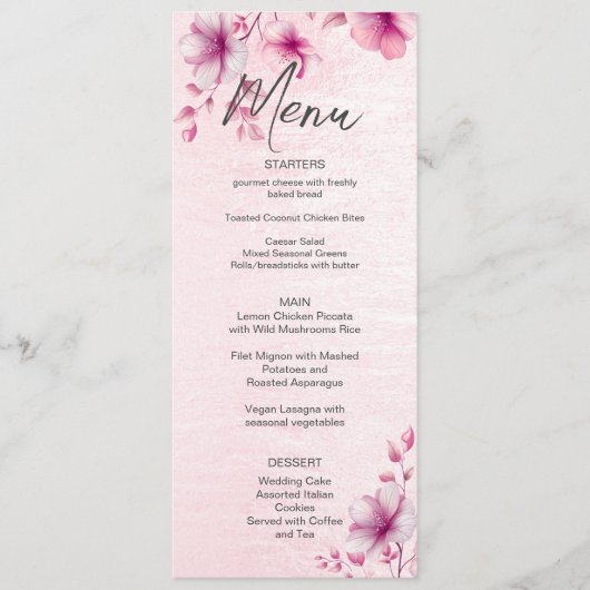 Roze Bloemen Bruiloft Menu (Voorkant)