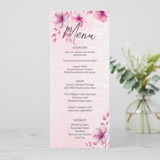 Roze Bloemen Bruiloft Menu (Staand voorkant)