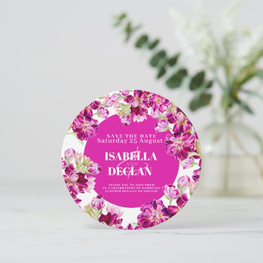 Roze bloemen bruiloft met uitzondering van de date save the date (Staand voorkant)