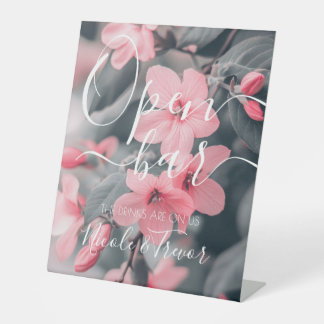 Roze Bloemen Bruiloft Open Bar Reclamebord Met Voetstuk