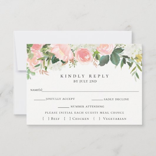 Roze Bloemen Bruiloft RSVP Met Maaltijd Keuze Kaar (Voorkant)