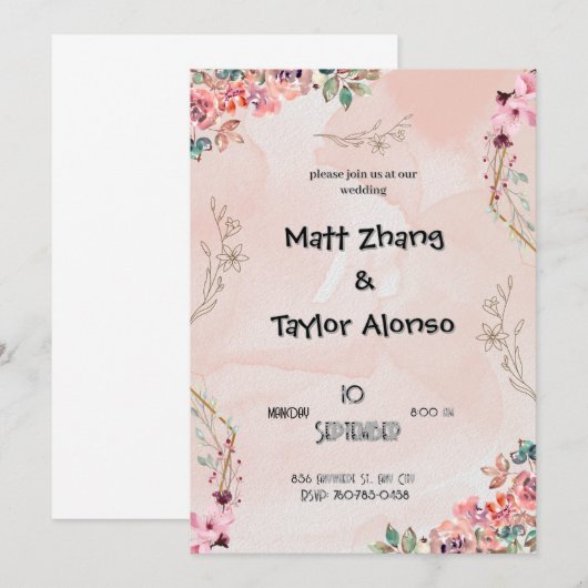 Roze Bloemen Bruiloft Uitnodiging (Voorkant / Achterkant)
