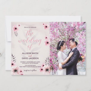 Roze Bloemen bruiloft uitnodigingen met foto