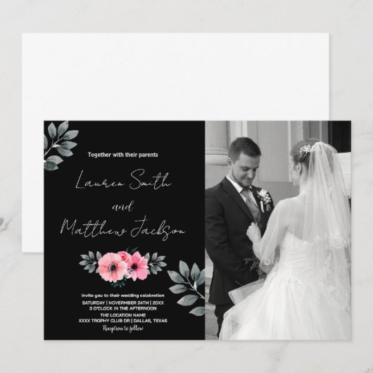 Roze Bloemen bruiloft uitnodigingen met foto (Voorkant / Achterkant)