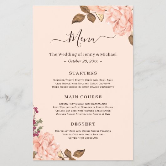 Roze bloemen bruiloftsmenu flyer (Voorkant)