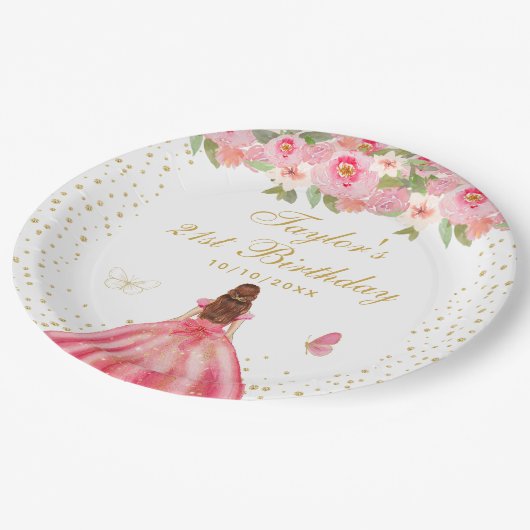 Roze Bloemen Bruin Haar Meisje Verjaardagsfeest Papieren Bordje (Gekanteld)