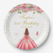 Roze Bloemen Bruin Haar Meisje Verjaardagsfeest Papieren Bordje (Voorkant)