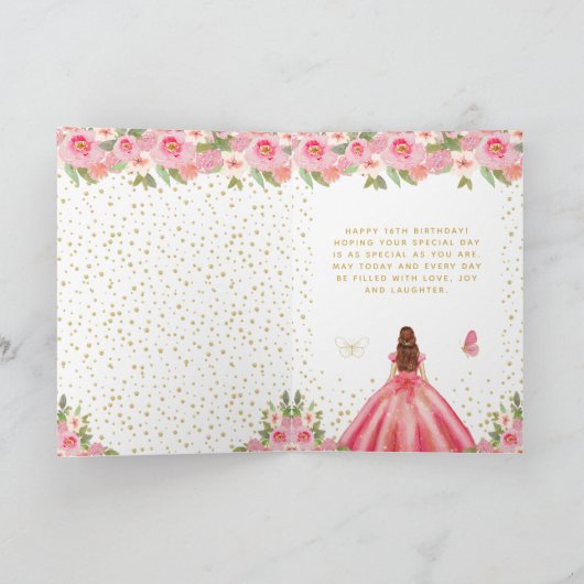 Roze Bloemen Bruin Haar Meisje Zoet Zestien Kaart (Binnen)