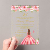 Roze Bloemen Bruin Haar Prinses Verjaardagsfeest Acryl Uitnodigingen (Insitu (Draagbaar))