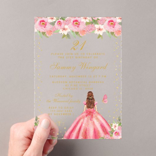 Roze Bloemen Bruin Haar Prinses Verjaardagsfeest Acryl Uitnodigingen (Insitu (Draagbaar))
