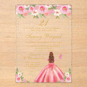 Roze Bloemen Bruin Haar Prinses Verjaardagsfeest Acryl Uitnodigingen (Voorkant)