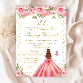 Roze Bloemen Bruin Haar Prinses Verjaardagsfeest Kaart