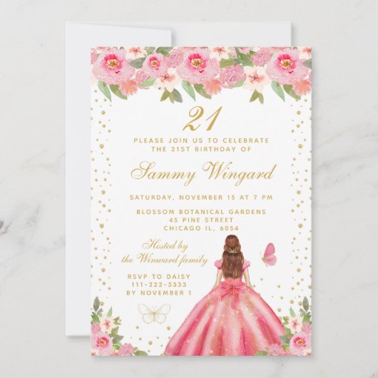 Roze Bloemen Bruin Haar Prinses Verjaardagsfeest Kaart (Voorkant)