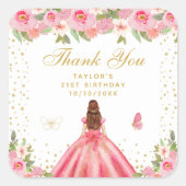 Roze Bloemen Bruin Haar Prinses Verjaardagsfeest Vierkante Sticker (Voorkant)