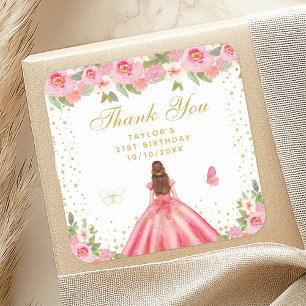 Roze Bloemen Bruin Haar Prinses Verjaardagsfeest Vierkante Sticker