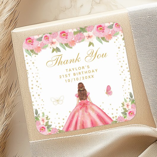 Roze Bloemen Bruin Haar Prinses Verjaardagsfeest Vierkante Sticker
