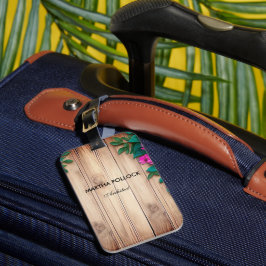 Roze bloemen bruin hout bagagelabel