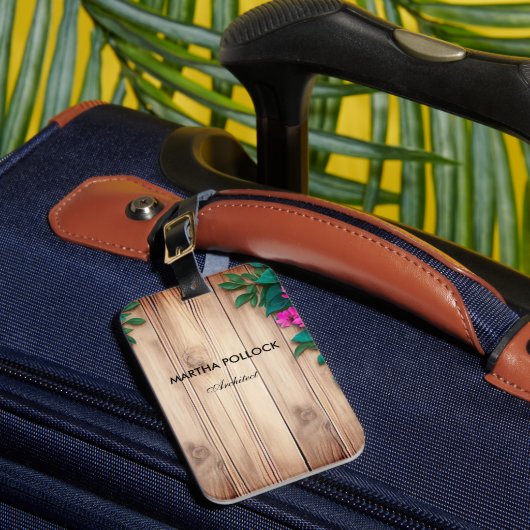 Roze bloemen bruin hout bagagelabel (Voorkant Insitu 1)