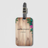 Roze bloemen bruin hout bagagelabel (Voorkant (verticaal))