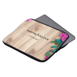 Roze bloemen bruin hout laptop sleeve