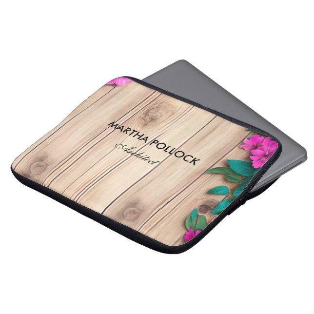 Roze bloemen bruin hout laptop sleeve (Voorkant top)