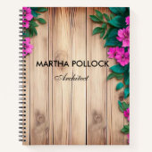 Roze bloemen bruin hout notitieboek (Voorkant)