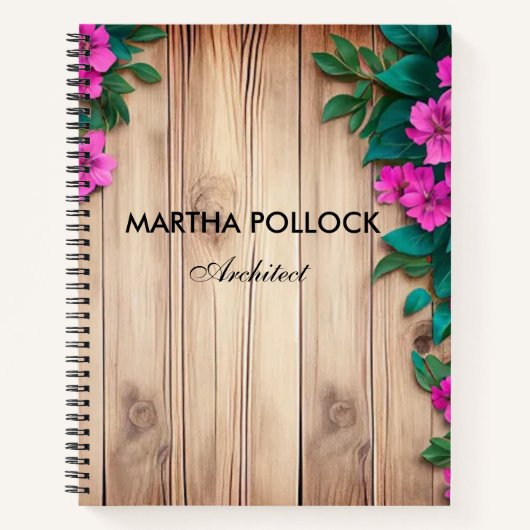 Roze bloemen bruin hout notitieboek (Voorkant)