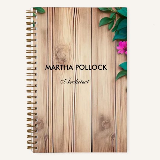 Roze bloemen bruin hout notitieboek (Voorkant)