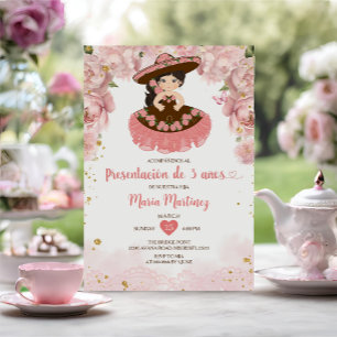 Roze Bloemen Bruin Meisje Presentación de Tres Año Kaart