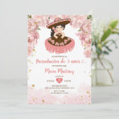 Roze Bloemen Bruin Meisje Presentación de Tres Año Kaart (Staand voorkant)