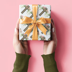 Roze Bloemen Bruin Religieus Kruis Pasen Cadeaupapier