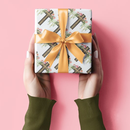 Roze Bloemen Bruin Religieus Kruis Pasen Cadeaupapier