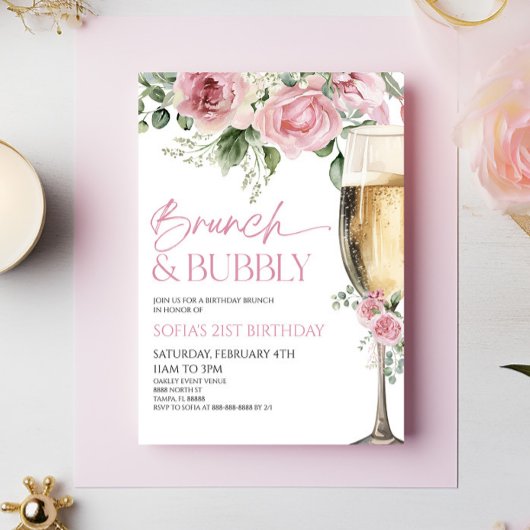 Roze Bloemen Brunch en Bubble Birthday Brunch Kaart