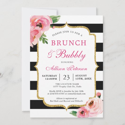 Roze Bloemen Brunch & Mousserende Wijn Bruidsbrunc Kaart (Voorkant)