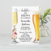 Roze Bloemen Bubbels en Brews Volwassenen Verjaard Kaart (Staand voorkant)