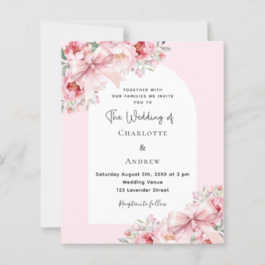 Roze bloemen buigt boog bruiloft uitnodiging (Voorkant)