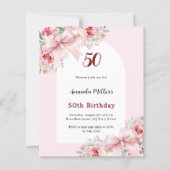 Roze bloemen buigt boog verjaardagsuitnodiging (Voorkant)