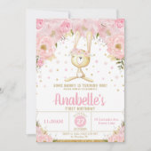 Roze Bloemen Bunny 1e Verjaardag Uitnodiging Meisj (Voorkant)