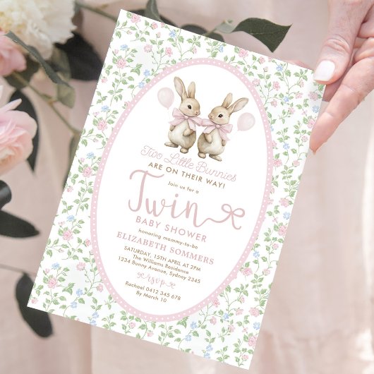 Roze Bloemen Bunny Ballon Twin Girl Baby shower Kaart
