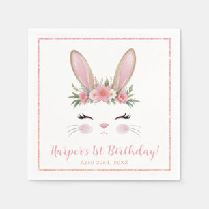 Roze Bloemen Bunny Eerste Verjaardag Party Servett Servet