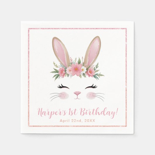 Roze Bloemen Bunny Eerste Verjaardag Party Servett Servet (Voorkant)