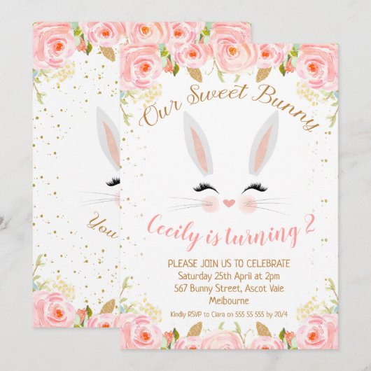Roze Bloemen Bunny Gezicht Verjaardag Uitnodiging (Voorkant / Achterkant)