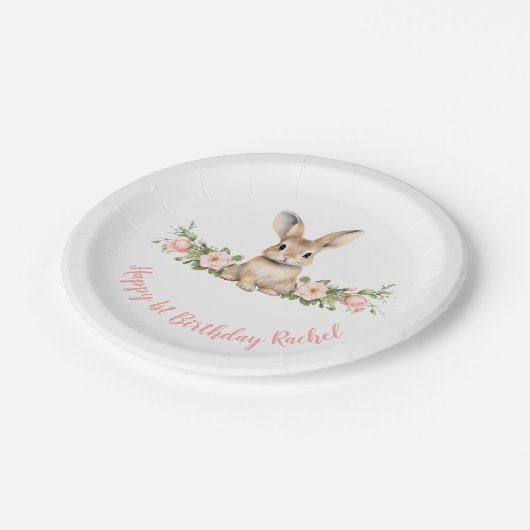 Roze Bloemen Bunny Meisje 1e Verjaardag Papieren Bordje (Gekanteld)