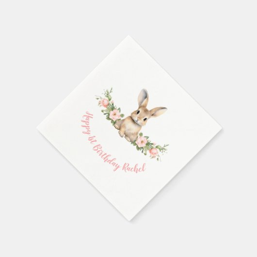 Roze Bloemen Bunny Meisje 1e Verjaardag Servet (Hoek)