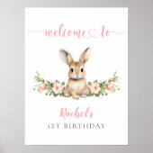 Roze Bloemen Bunny Meisje 1e Verjaardag Welkom Poster (Voorkant)