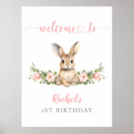 Roze Bloemen Bunny Meisje 1e Verjaardag Welkom Poster