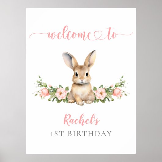 Roze Bloemen Bunny Meisje 1e Verjaardag Welkom Poster (Voorkant)