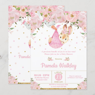 Roze Bloemen Bunny Stork Bundel Meisje Baby shower Kaart