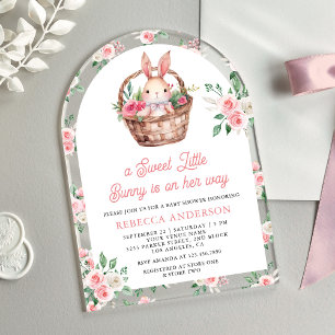 Roze Bloemen Bunny Sweet Baby Girl Arch Baby showe Acryl Uitnodigingen