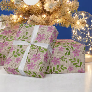  Roze Bloemen Burlap Christmas Cadeaupapier